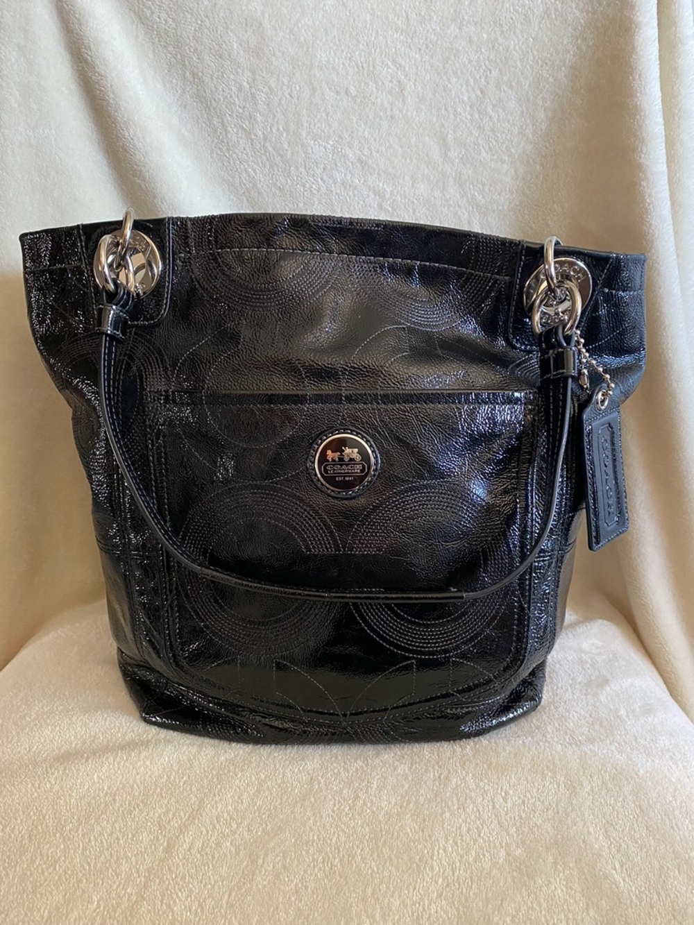 Coach Black Patent Leather Shoulder Tote with Silver Hardware